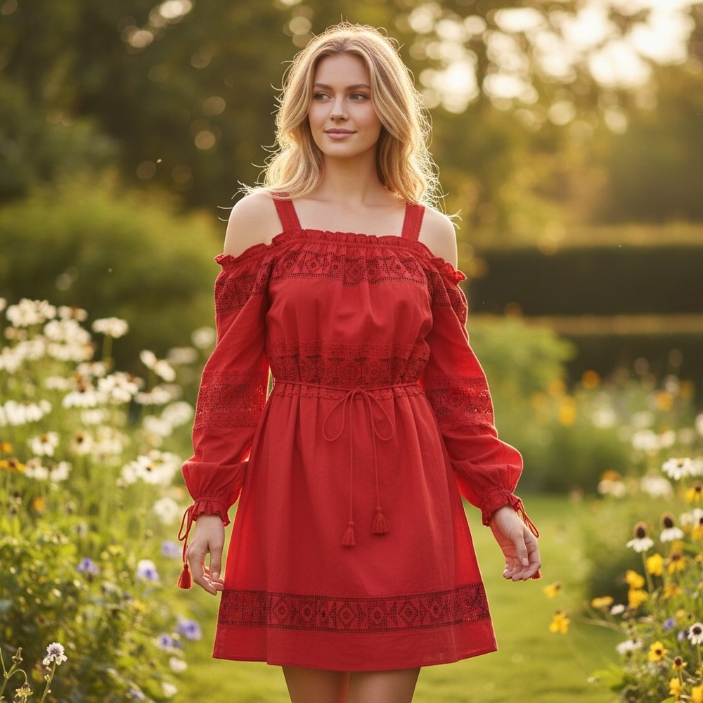 Suncoo Paris Robe Cindy Red Eyelet Embroidered Boho Dress Sz XS Cottagecore